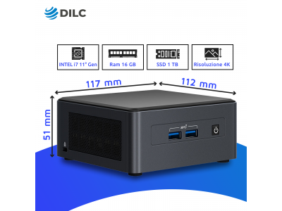 DILC, Mini Pc Nuc Platinum, Intel i7 11° Generazione, Pc Fisso Windows 11 PRO, 4.70 GHz, RAM 16 GB, SSD M.2 Nvme 1 TB, Porte USB, Thunderbolt, HDMI, Gigabit LAN, Salvaspazio, 3 Anni di Garanzia