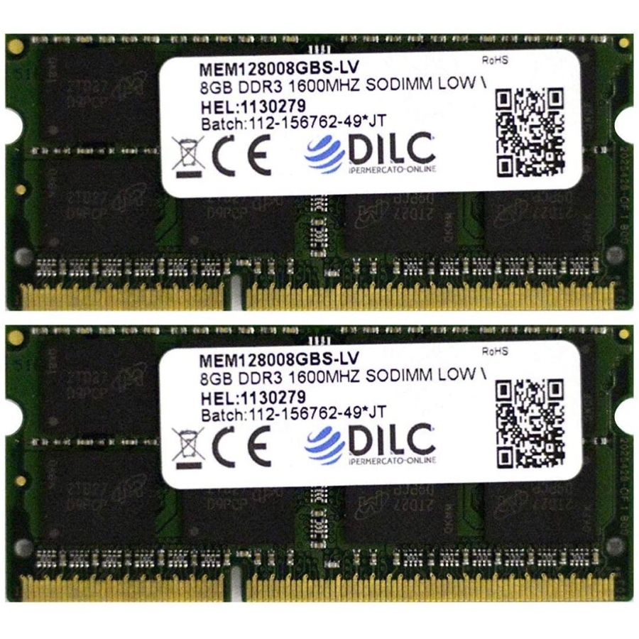 DILC Ram Sodimm DDR3 16GB (2x8GB) 1600 Mhz PC3-12800 (204 Pin) 1.35v (Low Voltage) DILC128002X8GBS-LV