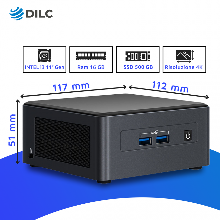 DILC, Mini Pc Nuc Silver, Intel i3 11° Generazione, Pc Fisso Windows 11 PRO, 4.10 GHz, RAM 16 GB, SSD M.2 Nvme 512 GB, Porte USB, Thunderbolt, HDMI, Gigabit LAN, Salvaspazio, 3 Anni di Garanzia