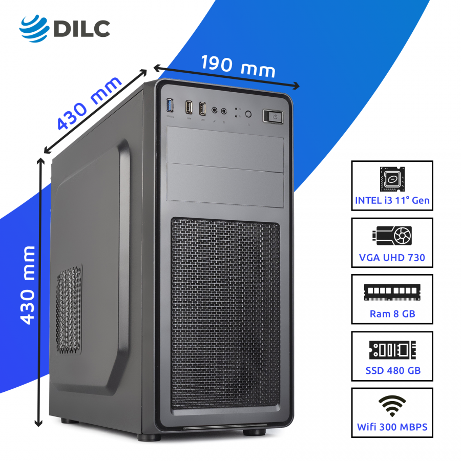 DILC, Pc Fisso DILC Business 3, Intel Core i3-12100, Pc Fisso Windows 11 PRO, 4.30 GHz, RAM 8 GB, SSD 480 GB, WiFi 300 mbps, Alimentatore 500W 80+, Pc Ufficio e Uso Domestico